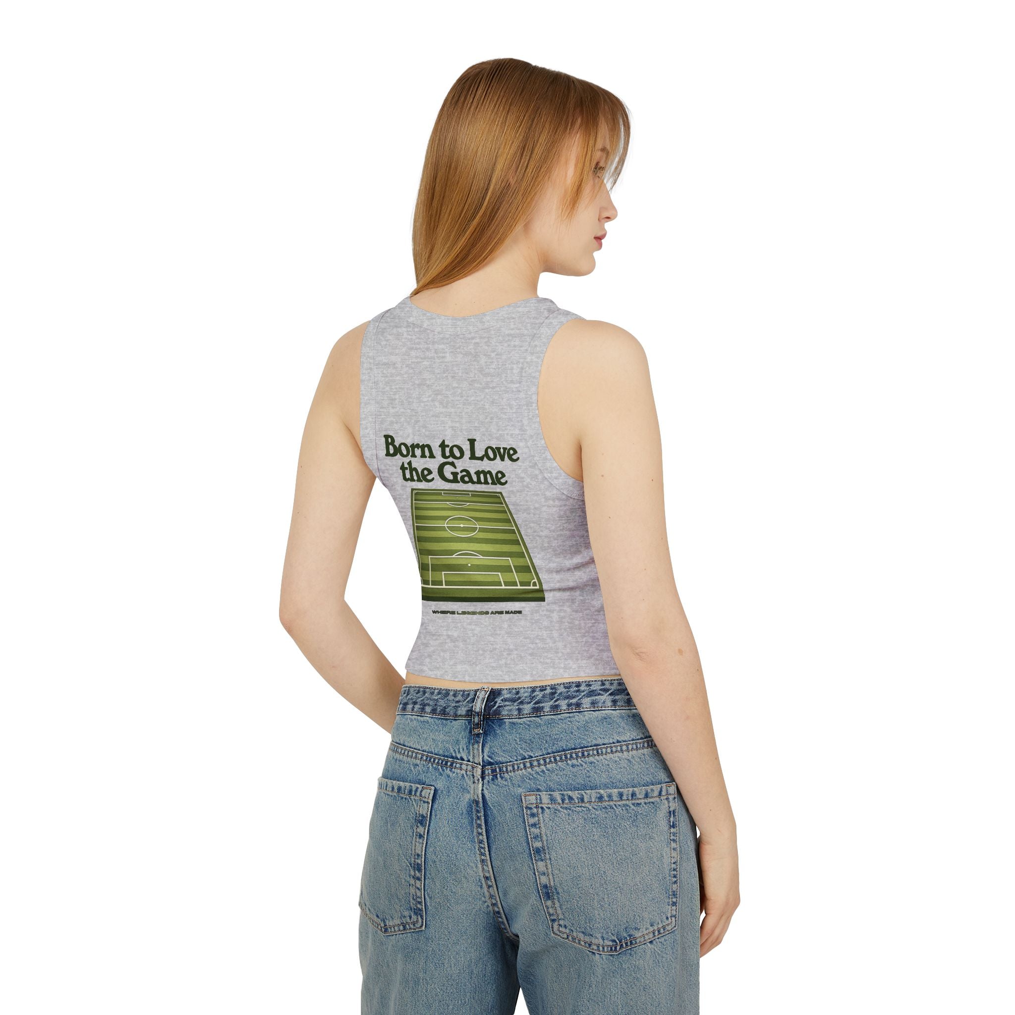 Born to Love the Game Racer Tank — Women's Soccer Football Field Crop Top