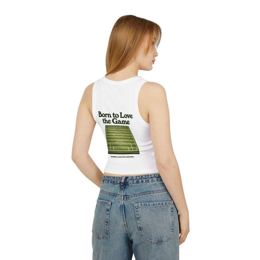 Born to Love the Game Racer Tank — Women's Soccer Football Field Crop Top